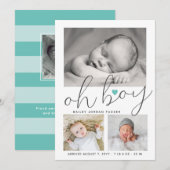Faire-part Simple Oh Garçon Coeur Turquoise Collage Photo Nai (Devant / Derrière)