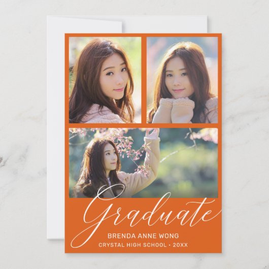 Faire-part Simple Orange Graduate Photo Collage blanc Script (Devant)