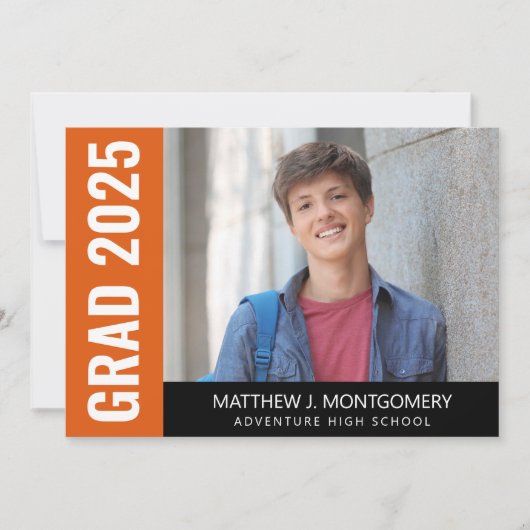 Faire-part Simple Orange noir noir Script photo Diplômé (Devant)