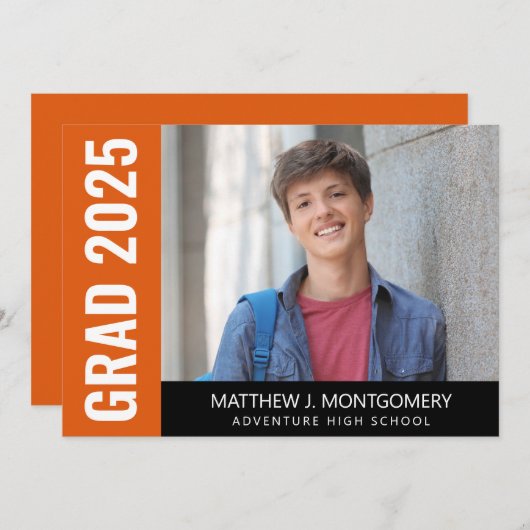 Faire-part Simple Orange noir noir Script photo Diplômé (Devant / Derrière)