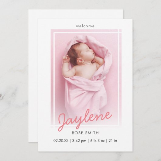 Faire-part Simple Pink Script photo bébé nouveau-né naissance (Devant / Derrière)