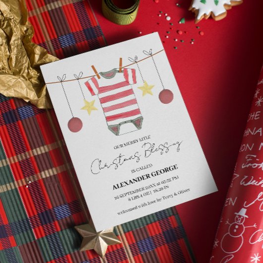 Faire-part Simple Rouge Bracelet Romper Ornements Noël Naissa