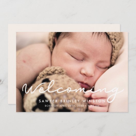 Faire-part Simple script Accueil photo bébé naissance (Devant / Derrière)