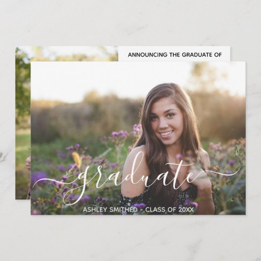 Faire-part Simple Script Moderne 2 Photo Remise de diplômes (Devant / Derrière)