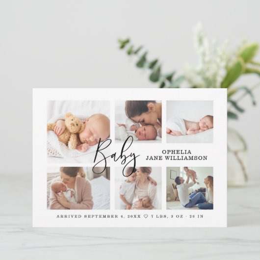 Faire-part Simple Script moderne Bébé Photo Collage Naissance (Debout devant)