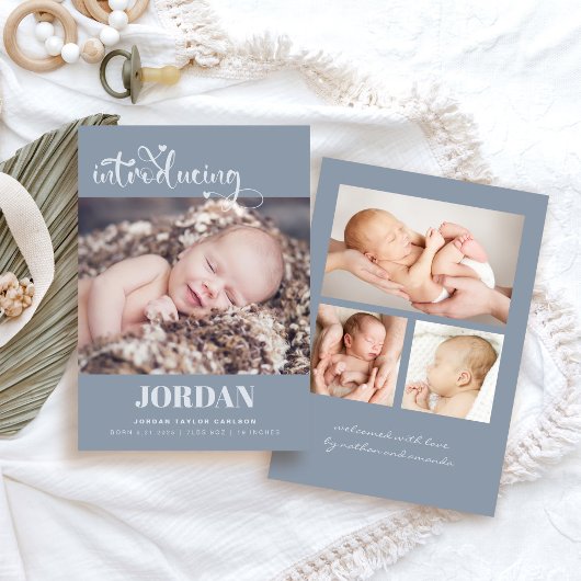 Faire-part Simple Script Moderne Photo Collage Bleu Naissance