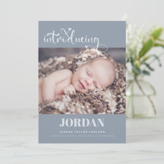 Faire-part Simple Script Moderne Photo Collage Bleu Naissance (Debout devant)