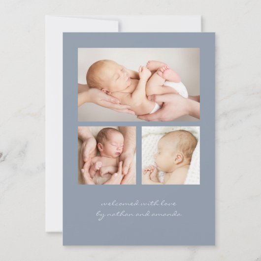 Faire-part Simple Script Moderne Photo Collage Bleu Naissance (Dos)
