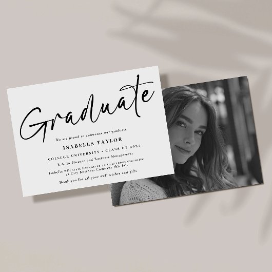 Faire-part Simple script noir blanc photo Graduation