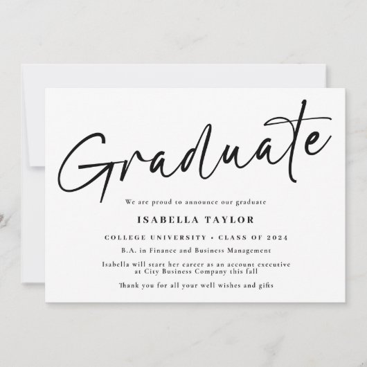 Faire-part Simple script noir blanc photo Graduation (Devant)