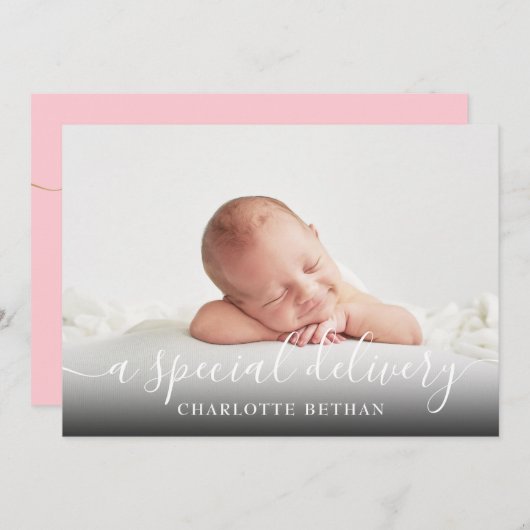 Faire-part Simple Script Photo Bébé Fille Rose Naissance (Devant / Derrière)