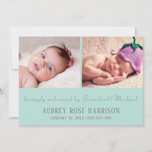 Faire-part Simple Soft Mint Green Photo Collage bébé fille (Dos)