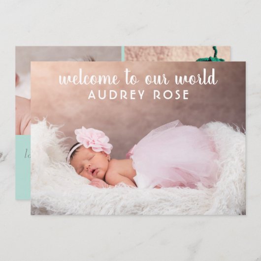 Faire-part Simple Soft Mint Green Photo Collage bébé fille (Devant / Derrière)