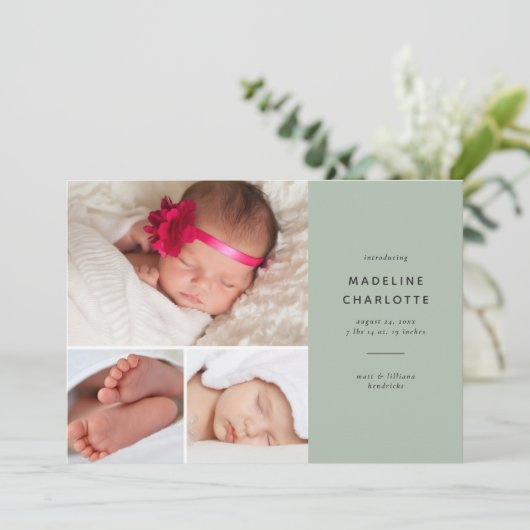 Faire-part Simple vert moderne multi-photo naissance (Debout devant)