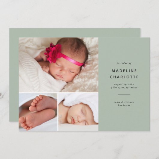 Faire-part Simple vert moderne multi-photo naissance (Devant / Derrière)