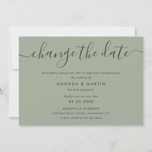 Faire-part Simple Vert Sauge Changement de Date Report (Devant)