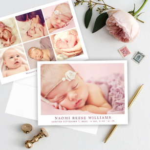 Faire-part Simply Elegant Baby Girl Photo Collage Birth