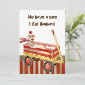 Faire-part Singes en chaussette, chariot rouge, Naissance d'u (Debout devant)
