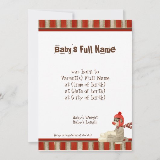 Faire-part Singes en chaussette, chariot rouge, Naissance d'u (Dos)