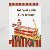 Faire-part Singes en chaussette, chariot rouge, Naissance d'u (Devant / Derrière)