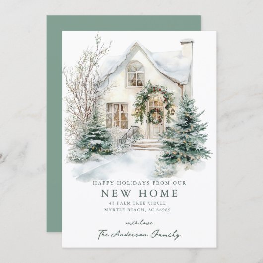 Faire-part Snowy Cottage Christmas New Home Card (Devant / Derrière)