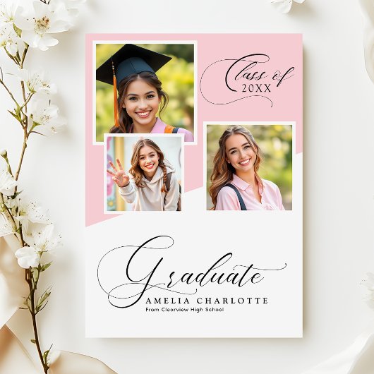 Faire-part Soft Pink Girly Modern Photo Collage Graduation