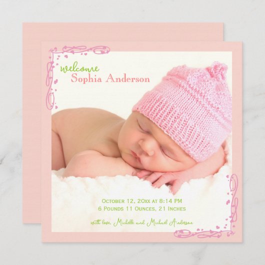 Faire-part Soft Rose Swirl Baby Girl Photo Naissance (Devant / Derrière)