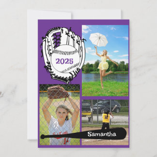 Faire-part Softball/Baseball 3 Photo Collage Purple