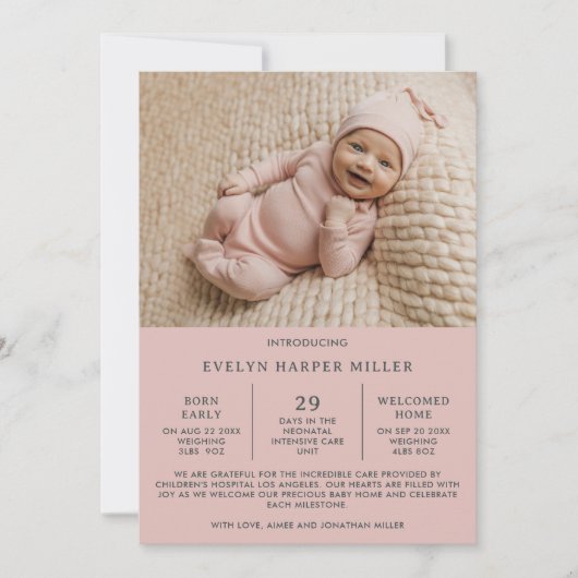 Faire-part Sortie de la réanimation néonatale rose moderne Di (Devant)