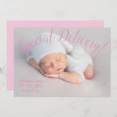 Faire-part Spécial DelIvery Script photo bébé fille rose nais (Devant / Derrière)