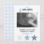 Faire-part Starry Gingham Baby Boy Birth Announcement Card (Devant / Derrière)