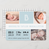 Faire-part Statistiques de bébé Monogramme Bleu Couleur Blocs (Devant / Derrière)