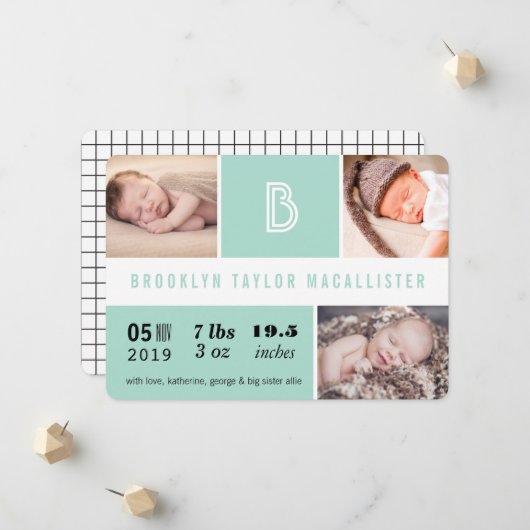 Faire-part Statistiques de bébé Monogramme Bloc de couleur ve (Devant/Arrière en situation)