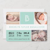Faire-part Statistiques de bébé Monogramme Bloc de couleur ve (Devant)