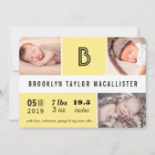 Faire-part Statistiques de bébé Monogramme Couleur jaune Bloc (Devant)