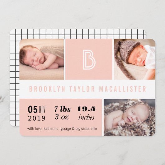 Faire-part Statistiques de bébé Monogramme rose Couleur Blocs (Devant / Derrière)