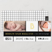 Faire-part Statistiques de bébé simples Jaune Monogramme 2 Ph (Devant / Derrière)