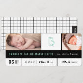 Faire-part Statistiques de bébé simples Monogramme vert 2 Pho (Devant / Derrière)