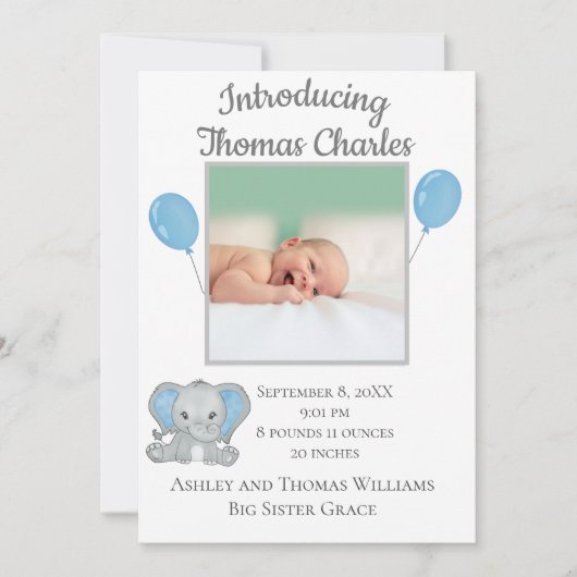 Faire-part Statistiques de naissance bébé garçon bleu éléphan (Devant)