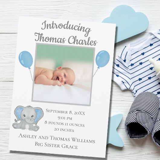 Faire-part Statistiques de naissance Bébé Garçon Éléphant Ble