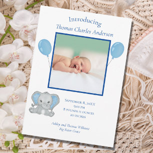 Faire-part Statistiques de naissance Blue Elephant Baby Boy B