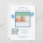 Faire-part Statistiques de naissance Éléphant bleu bébé garço (Devant)