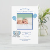 Faire-part Statistiques de naissance Éléphant bleu bébé garço (Debout devant)