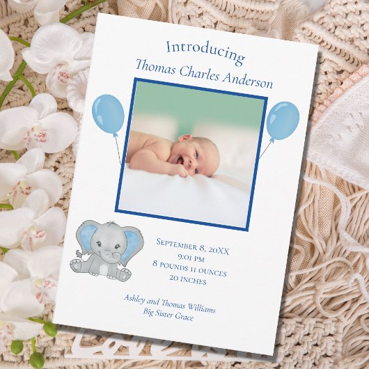 Faire-part Statistiques de naissance Éléphant bleu bébé garço