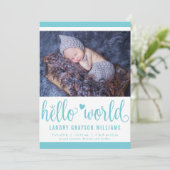 Faire-part Statue de naissance moderne Hello World Aqua (Debout devant)