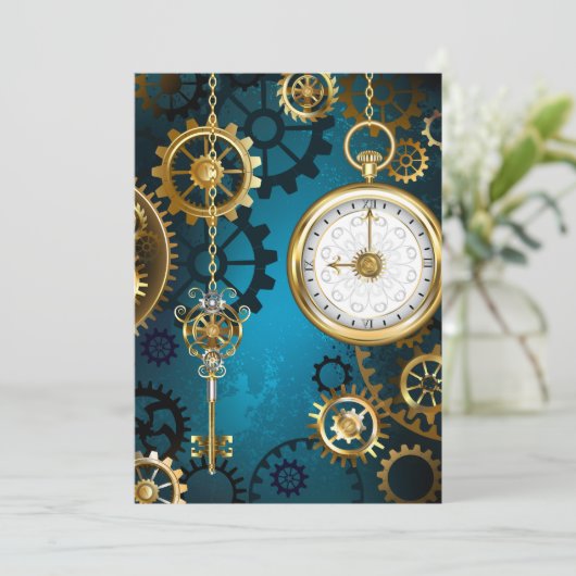 Faire-part Steampunk Arrière - plan turquoise avec Gears (Debout devant)