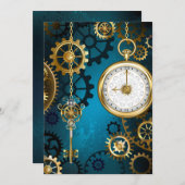 Faire-part Steampunk Arrière - plan turquoise avec Gears (Devant / Derrière)