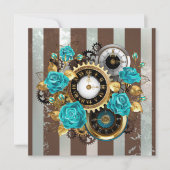 Faire-part Steampunk Clock and Turquoise Roses on Striped (Devant)