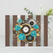 Faire-part Steampunk Clock and Turquoise Roses on Striped (Debout devant)
