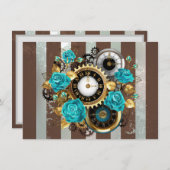 Faire-part Steampunk Clock and Turquoise Roses on Striped (Devant / Derrière)
